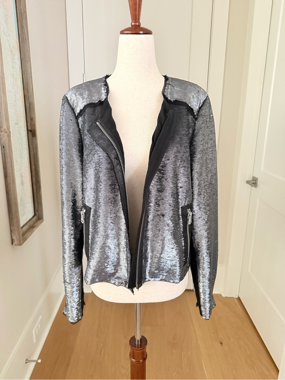 Rebecca Taylor Silver Sequin Moto Jacket Blazer Sz. 12 NWT